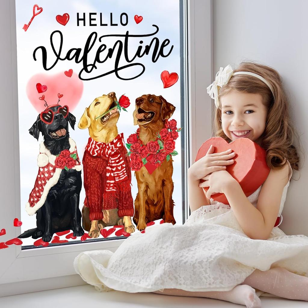 Valentine's Day Window Clings Window Stickers Love Heart Dog Double-Sided Glass Decals for Wedding Anniversary Home Office Classroom Party Wall