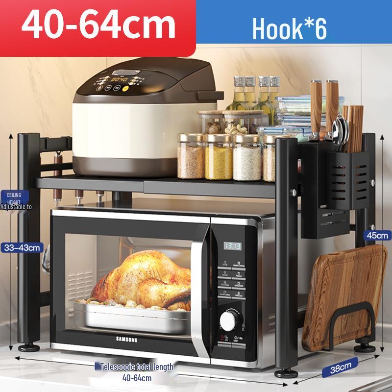 Two-Layer Telescopic Carbon Steel Microwave Oven Rack for Countertop Storage