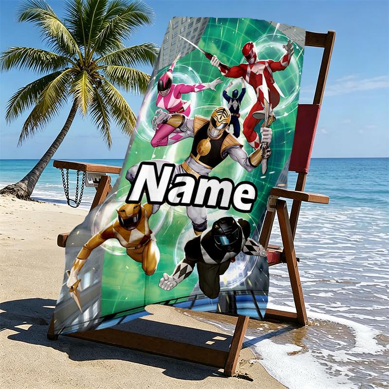 Custom Name Personalized Mighty Morphin Power Rangers Print Beach Towel, for Trip Camping Beach Party Home Decor, Birthday Gift for Family & Friends
