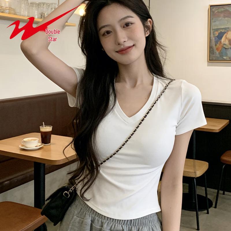 Shuangxing Women's V-Neck Slim Fit Short Sleeve T-Shirt