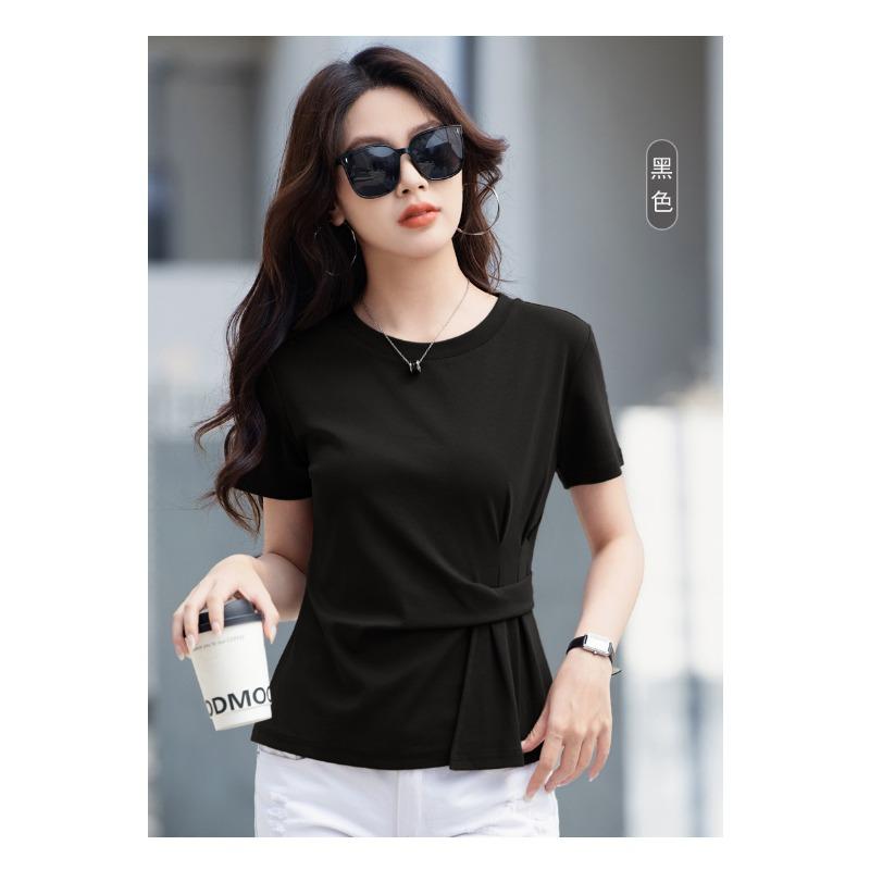 Mode Manches Courtes Femme Nouvelle Collection Été Couleur Unie Col Rond Manches Mi-longues Mode Plissé Haut Haut de Gamme