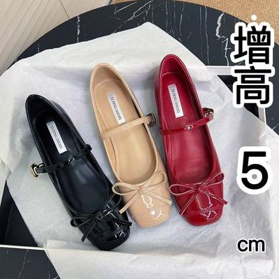 Zapatos de tacón bajo francés para mujer, aumento de altura interior de 5 cm, lazo, boca ligera, zapatos de tacón único, punta cuadrada, zapatos Mary Jane, zapatos de ballet planos y elegantes