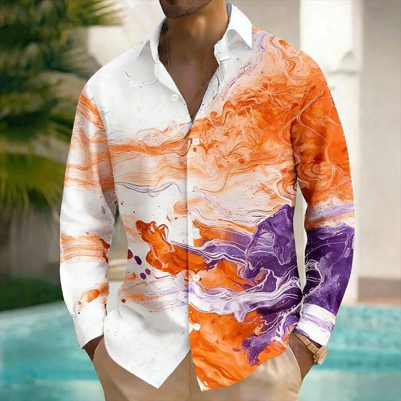 New Men's Long Sleeved Shirt with Harajuku Style 3D Ink Printed Long Sleeved Color Block Pattern Top and Shirt