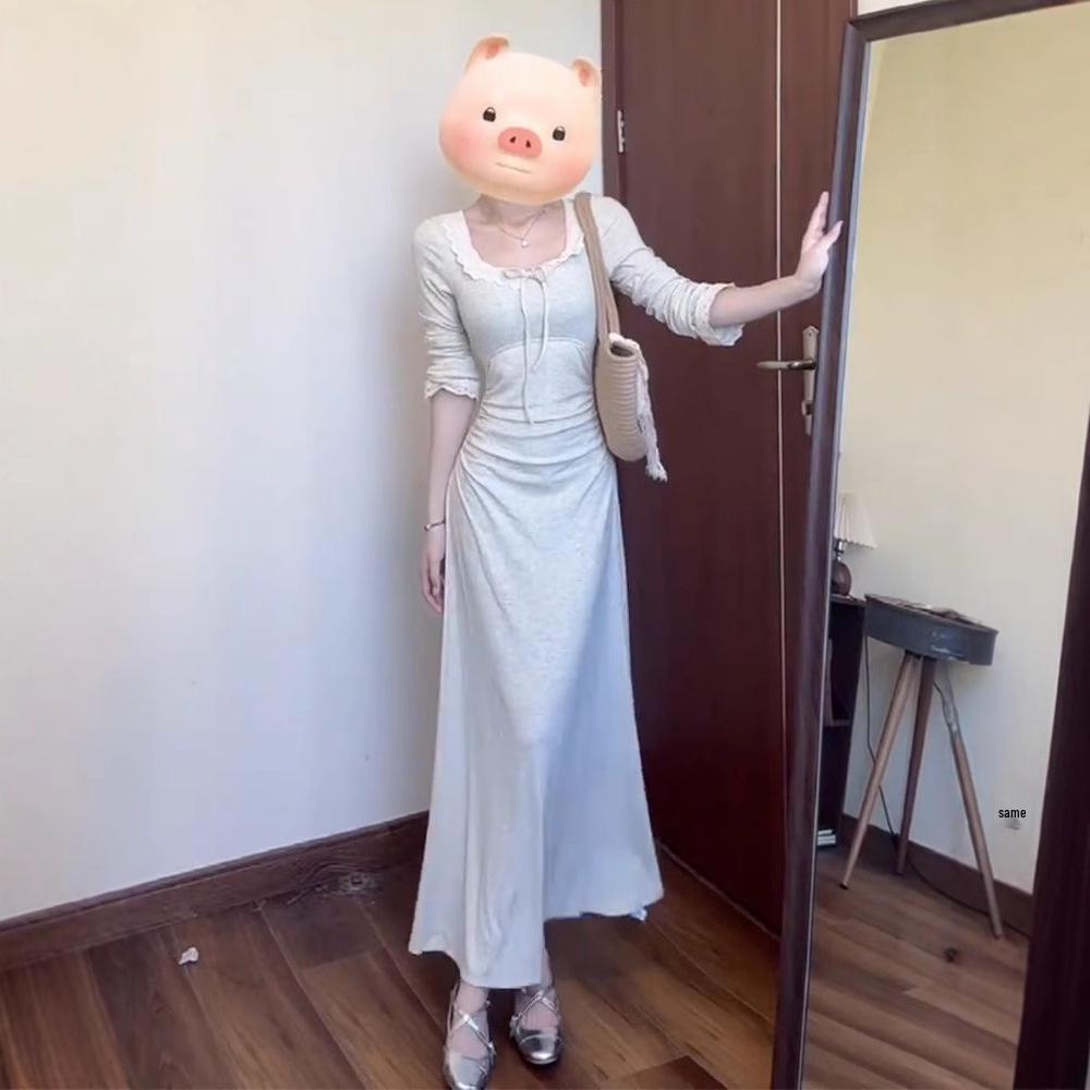 

2025 Slim Fit High-Waisted Long-Sleeve French Dress for Women: New Early Autumn Waist-Cinching Design Large хизер серый