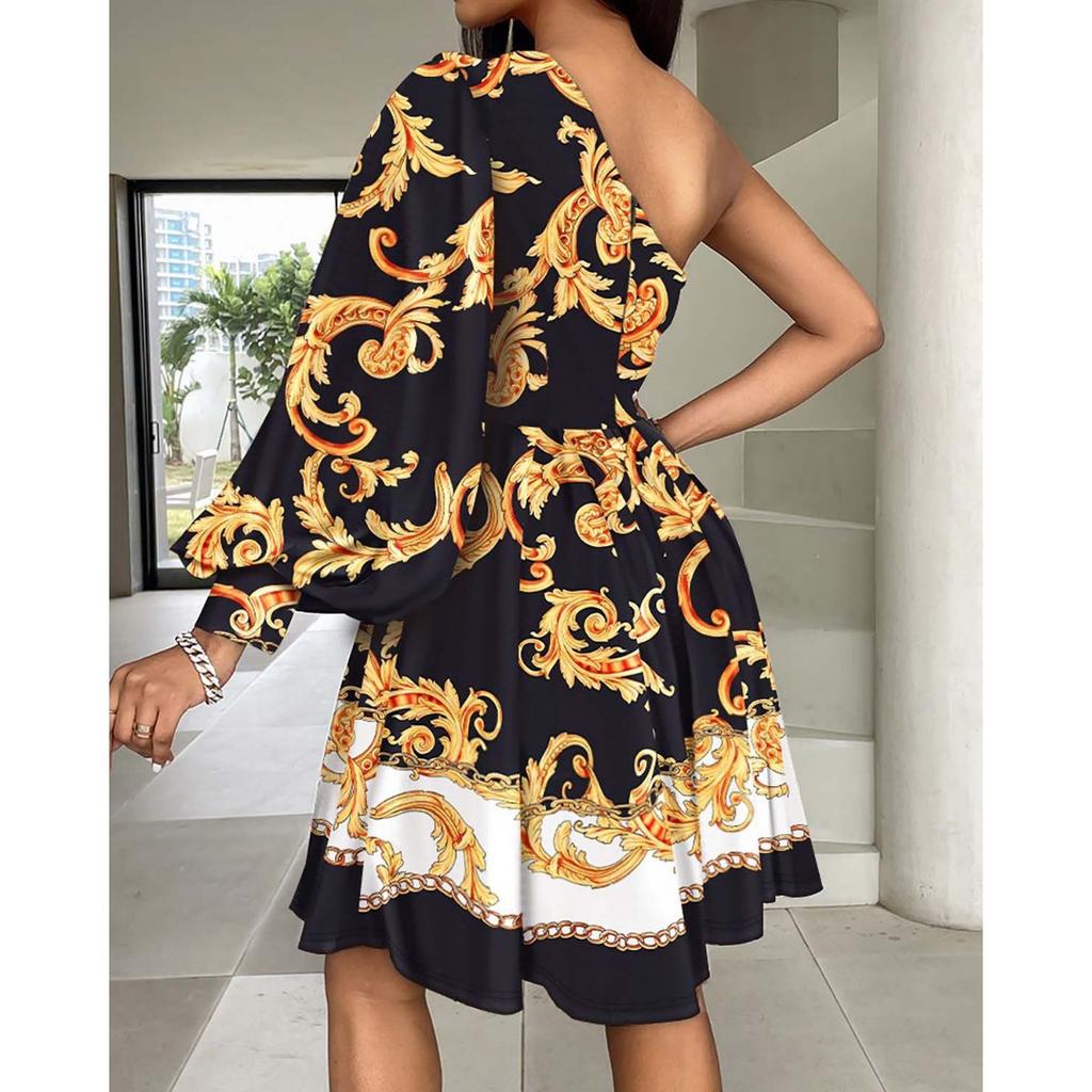 Abito Midi Stampato Boho da Donna a Spalla Singola con Maniche Lunghe Abito Casual Boemo per le Vacanze da Donna
