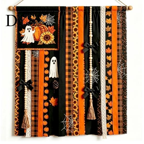 Seasonal Festival Gift Halloween Rag Banner, Orange Black Skull Ghost Pumpkin Hanging Decoration, Rustic Theme Banner Fabric Stripe for Front