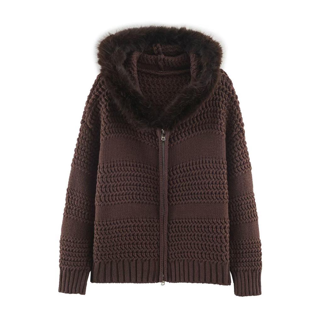 2026 European & American Style Fur Collar Hooded Double Zipper Sweater Cardigan