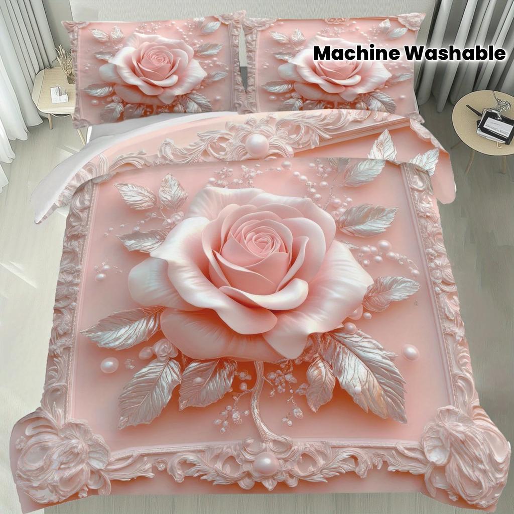 Comforter 2/3Pcs Pink Rose Bedding Set Soft Comfortable Floral Machine Washable Queen King Size