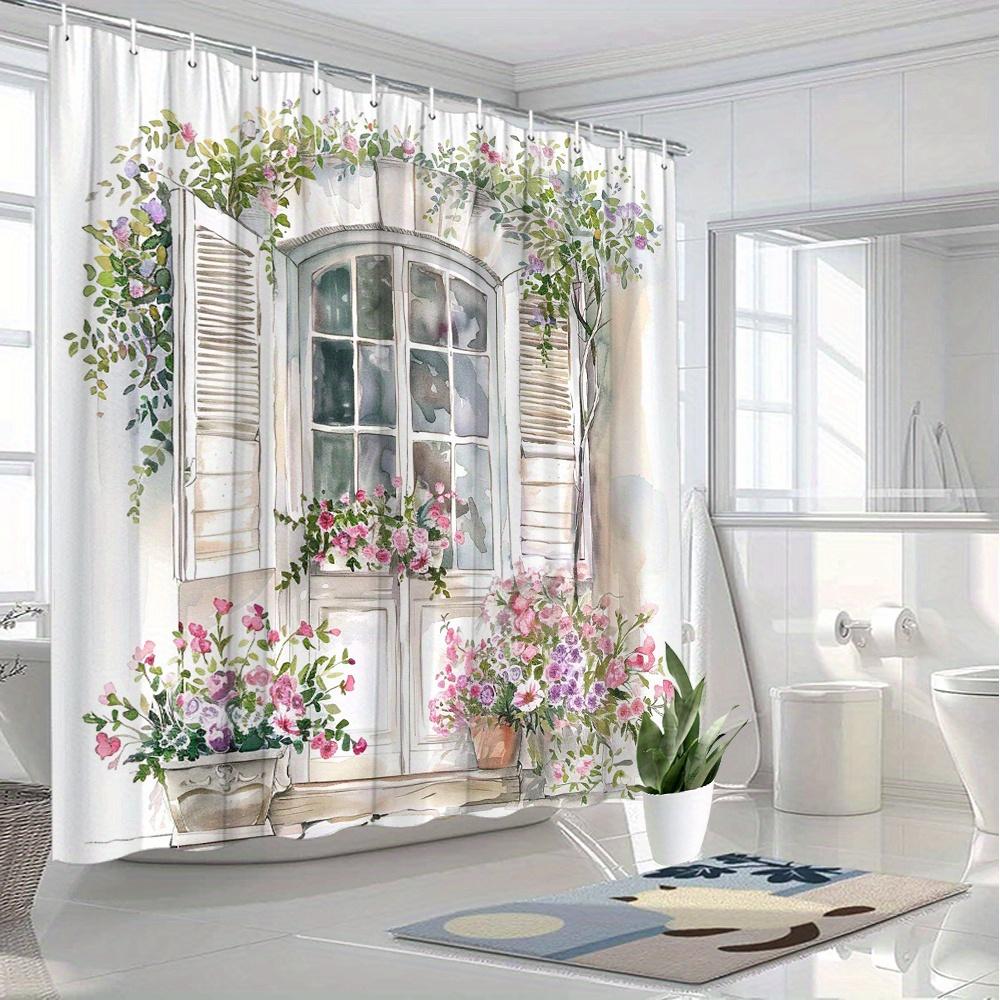 Dunika Chen Pink/Green Watercolor French Window Shower Curtain With Flowers And Vines Shabby Chic Style For Farmhouse Bathroom Decor