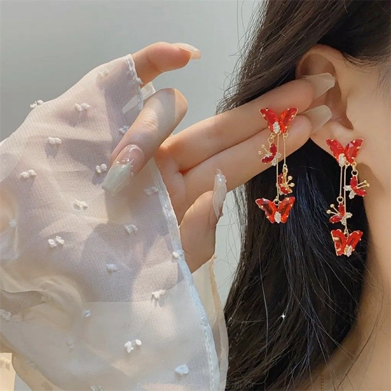 Elegant Red Zircon Butterfly Drop Earrings For Women Temperament Sweet Metal Bow Earrings Fashion Girls Jewelry Accessories