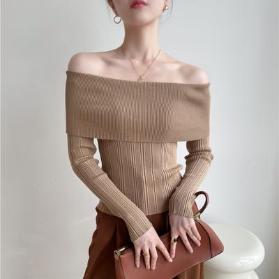 Elegant One Shoulder Slim Fit Pullover Sweaters for Women Autumn Off Shoulder Sexy Long Sleeve Knitted Sweater Ladies Winter Solid Base Kniwears 24863
