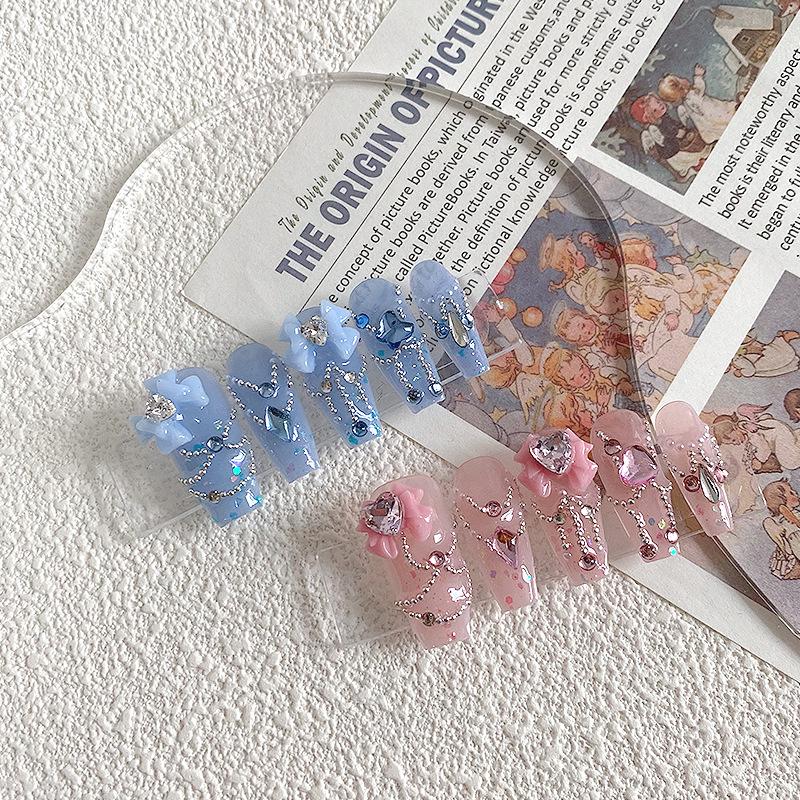 Luxury Powder Blue Sequined Mandarin Duck Bow Wearable Nails with Detachable Chain Gradient Finish XS