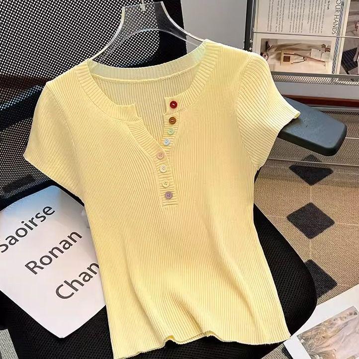 

Women s Slimming Short Sleeve Knit Top - Summer 2025 Collection XL жовтий