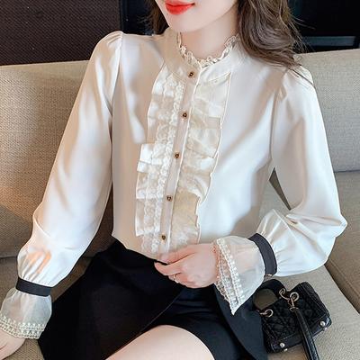 Moda Outono Novo 2024 Manga Longa Gola Alta Casual Babados Renda Damasco Blusa Camisa Mulher Tops Blusas Camisas J456