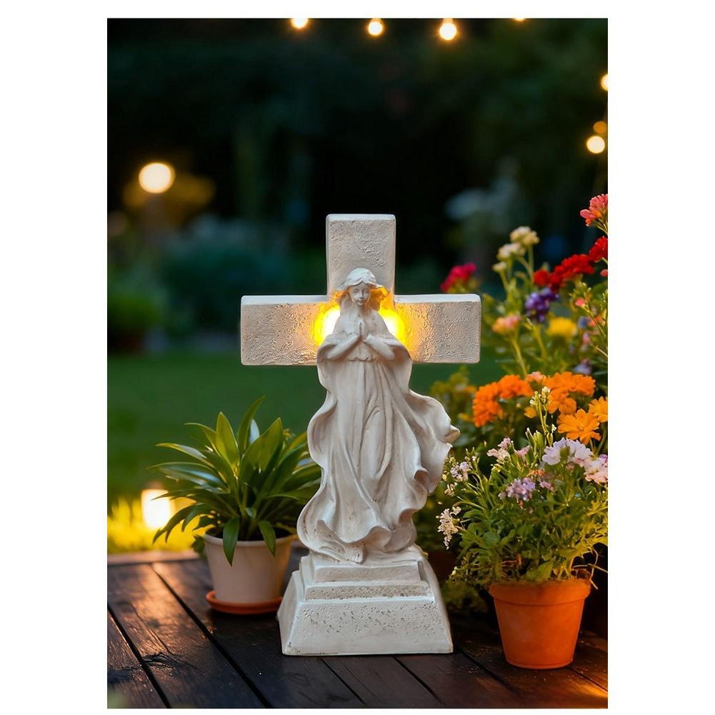 LED Solar Powered Resin Angel Cross Statue for Garden and Memorial Decor Outdoor Use Weather Resistant Material