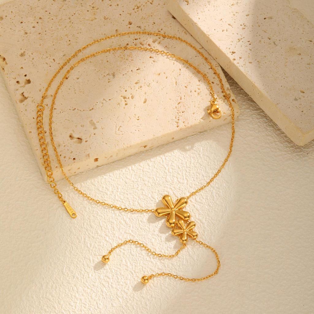 Stainless Steel Flat Cross Chain Double Flower Y-Shaped Gold Necklace Women'S Jewelry 2240