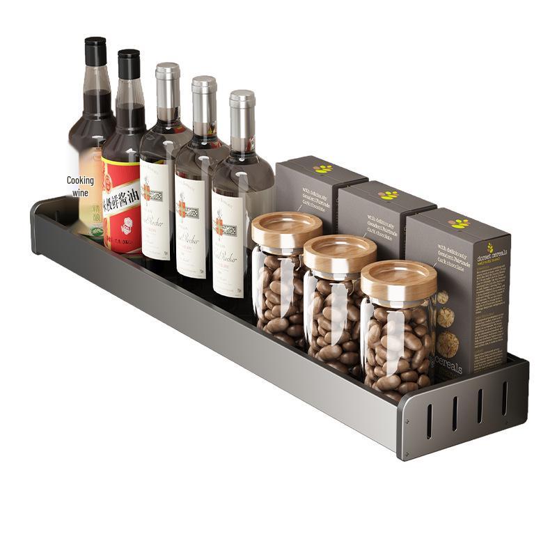 Gunmetal Wall-Mounted Kitchen Rack: No-Drill Seasoning, Knife Holder, Multifunctional Storage Solution