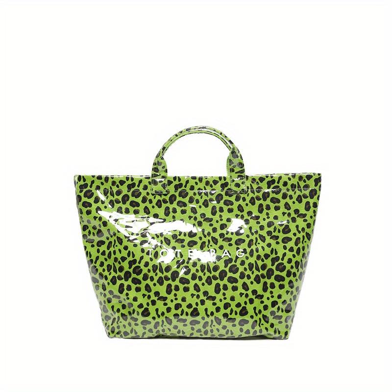 

Large Capacity Tote Bag for Women, Summer Trendy Rose Red with Leopard Print, Zipper Closure, Durable Fashion Handbag зелёный
