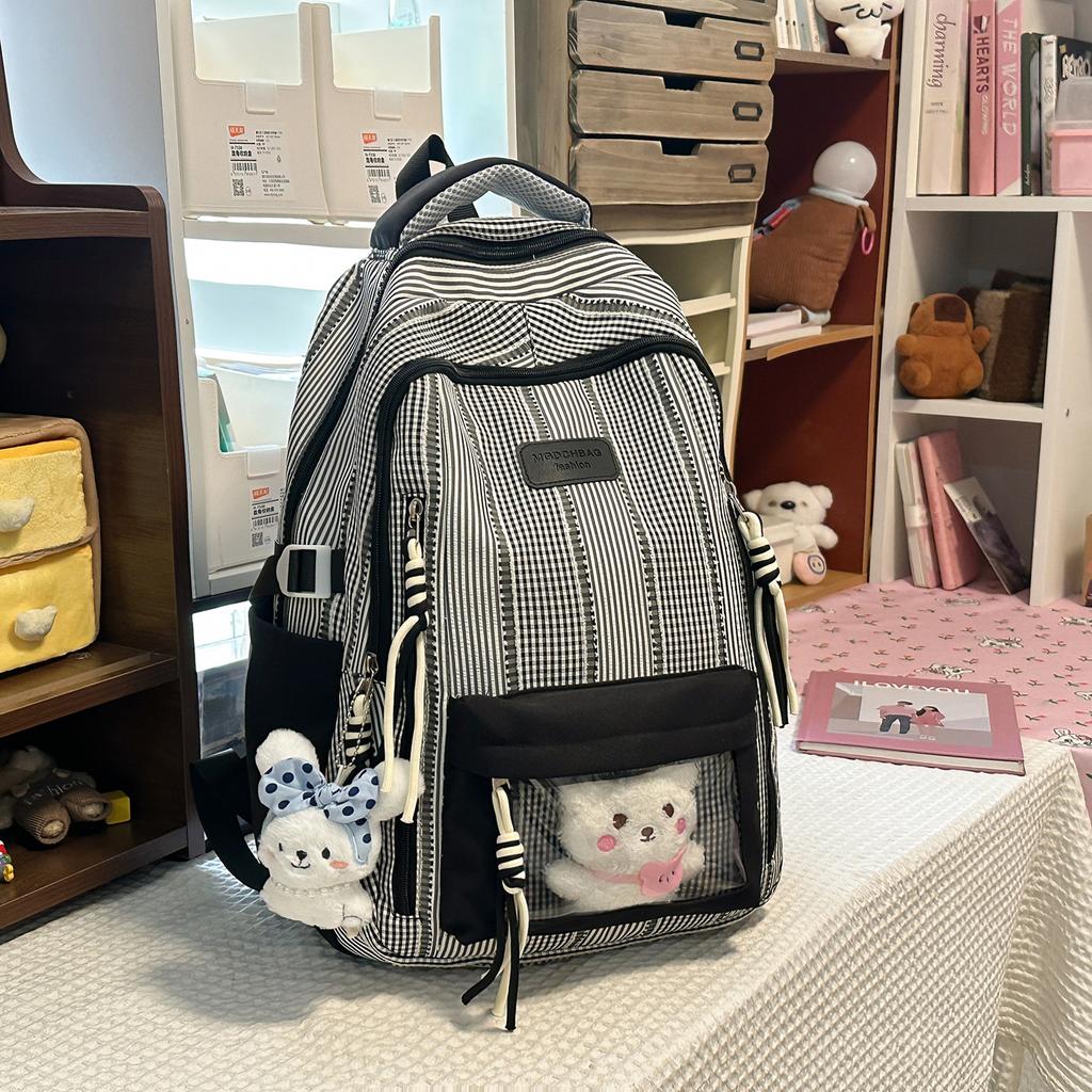 Schultasche Koreanisch Milch Süß Vitalität Karomuster Transparent Schmerzschicht Rucksack Mädchen Party Mehrere Fächer Pendeln Vielseitig Ausflug Rucksack