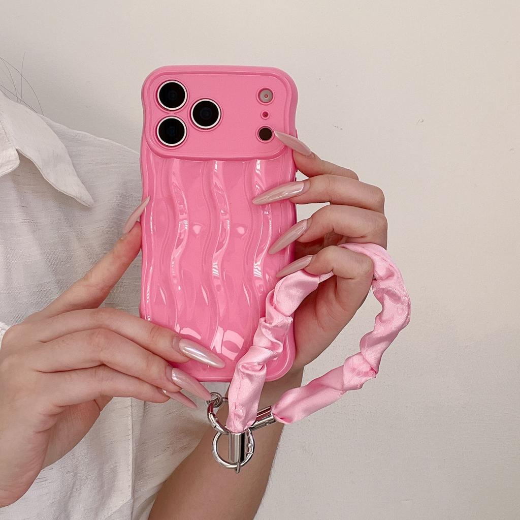 Simple solid color three-dimensional wave case, suitable for iPhone17Pro max Apple 16 mobile phone case 14/15 lanyard case