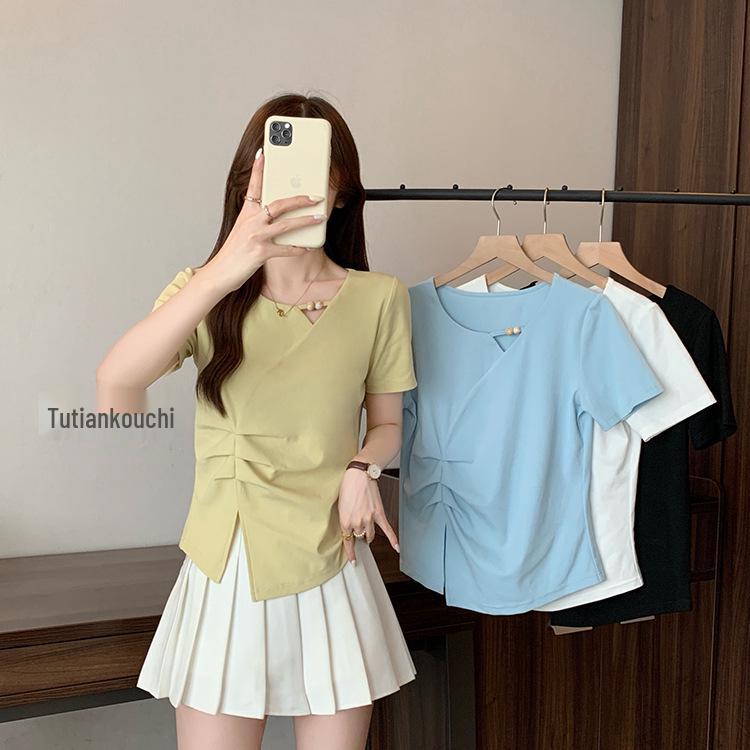 2026 Summer Plus Size Women s V-neck Beaded Hollow Slimming Short Sleeve Korean Style T-shirt XL
