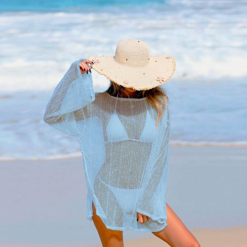 Hollow glitter weaving snowflake embellished beach skirt sunscreen one-neck bikini smock