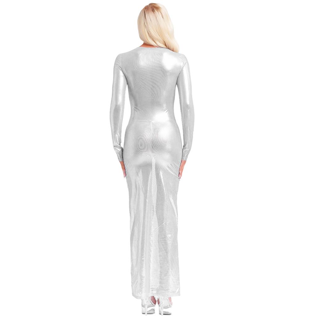 Жіноча прозора сукня з довгим рукавом, металізований блиск, напівпрозора, максі, для клубу, нічний одяг, весела спідня білизна-сукня