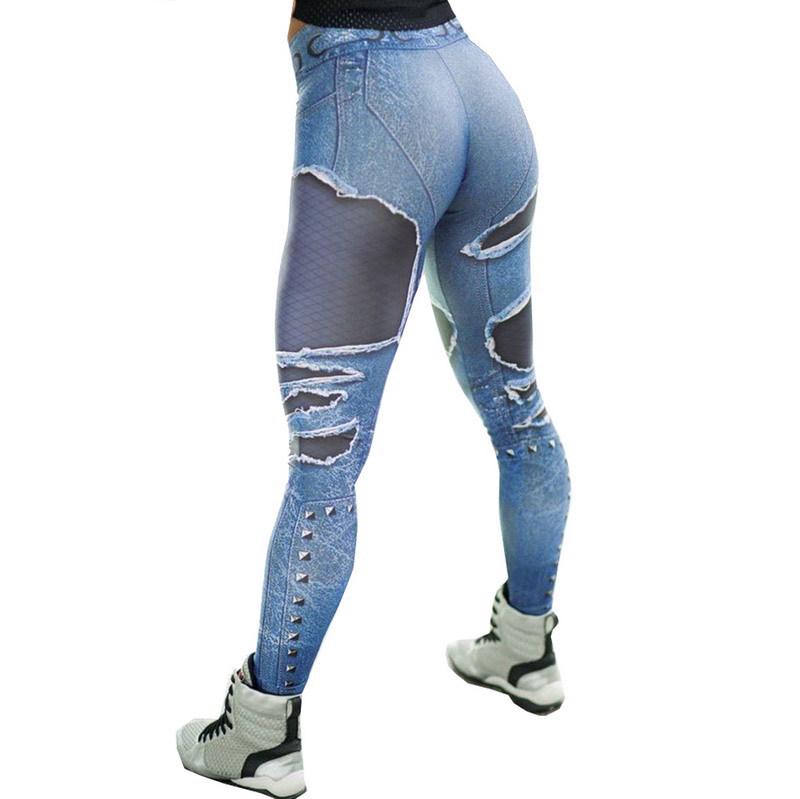Modische Damen Sexy Hüfthebende Denim-Print Sport Yoga Leggings
