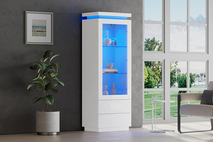 Vetrina 60*40*171cm, Armadio Alto con 2 Cassetti, Vetrina in Vetro ad Alta Lucentezza con LED, Soggiorno con Ante in Vetro e Ante a Ribalta, Bianco