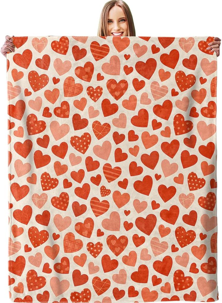 Romantic Red Hearts Blanket - Plush, Soft, Comfy, Lightweight, Warm, Fuzzy, Cozy Flannel Throw Blanket for Couch, Travel, Bed
