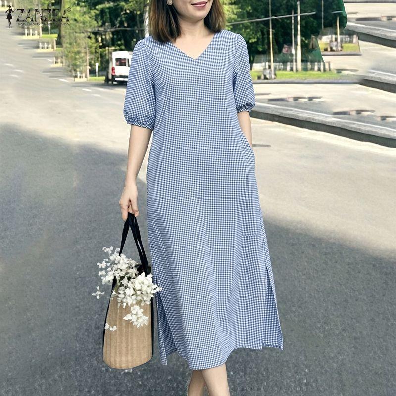 ZANZEA Women Grid Print Casual V-Neck Loose Half Sleeve Dress