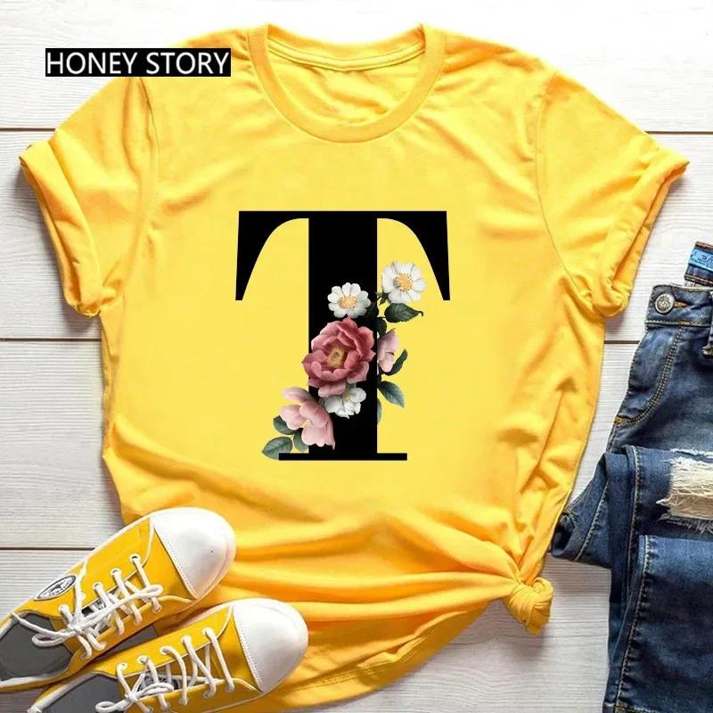 Women's Summer Short Sleeve T-Shirts Fashionable Casual Round Neck 26 English Letters Flower & Name Letter Printed Cotton T-shirts