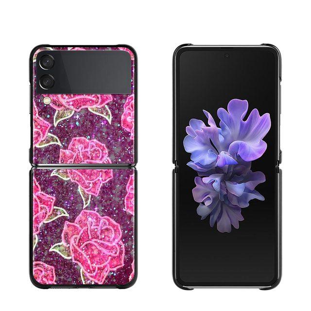 Phone Case For Samsung Galaxy Z Flip3 5g Back Cases For Samsung Z Flip Capa Black Shell Fundas Rose Pink Purple Bling Pattern
