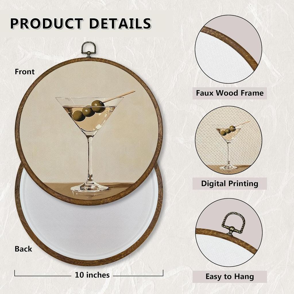Qskjre Trendy Martini Wall Art Bar Cart Decor, Funky Cocktail Aesthetic Round Wood Framed Canvas Wall Artwork, Vintage Olive Martini Hanging Prints
