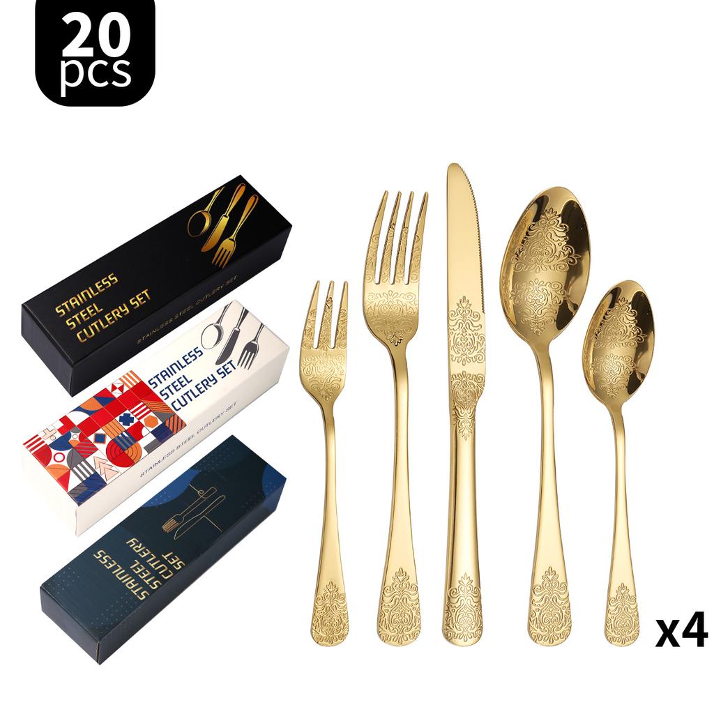 Double-Headed Flower Pattern Tableware Knife, Fork and Spoon 430 Stainless Steel Advanced Western Tableware 5 Main Pieces Suit