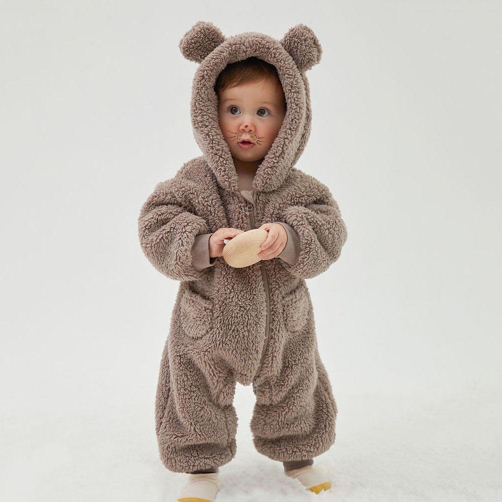 Warme Fleece-Kapuzen-Jumpsuits für Babys Herbst Winter Langarm Säuglings-Strampler Neugeborenen Junge Mädchen Homewear Schlafanzug