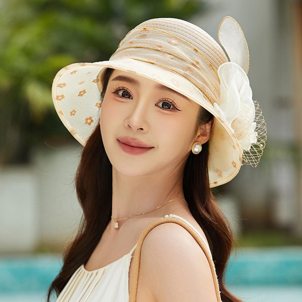 Flower Decor Dotted Sun Hat Wide Brim Beach Hat Fashion Sunshade Cap Women's