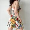 Dress Woman Summer Print Floral Spaghetti Strap Fashion Off Shoulder Beach Holiday Sundress Sweet A-Line Mesh Fabric Tide