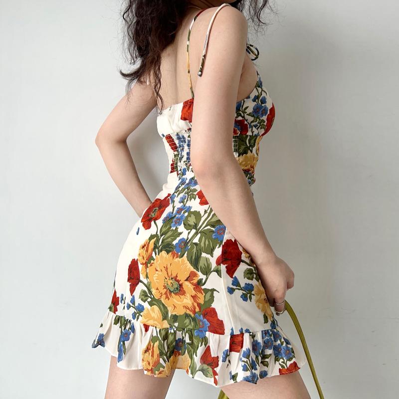 Dress Woman Summer Print Floral Spaghetti Strap Fashion Off Shoulder Beach Holiday Sundress Sweet A-Line Mesh Fabric Tide