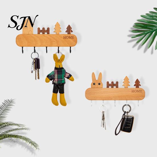 Wall Mounted Key Holder Wooden with 5 Hooks, Cartoon House Theme Organizer, Multi Adhesive Rack for Purpose Hanging Keys Pet Leashes And Hats