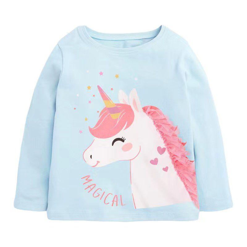 Girl Long Sleeves T-shirt Baby Unicorn T-shirt Tops Children's Autumn Clothing Baby Pure Cotton Light Blue Bottoming Shirt 8