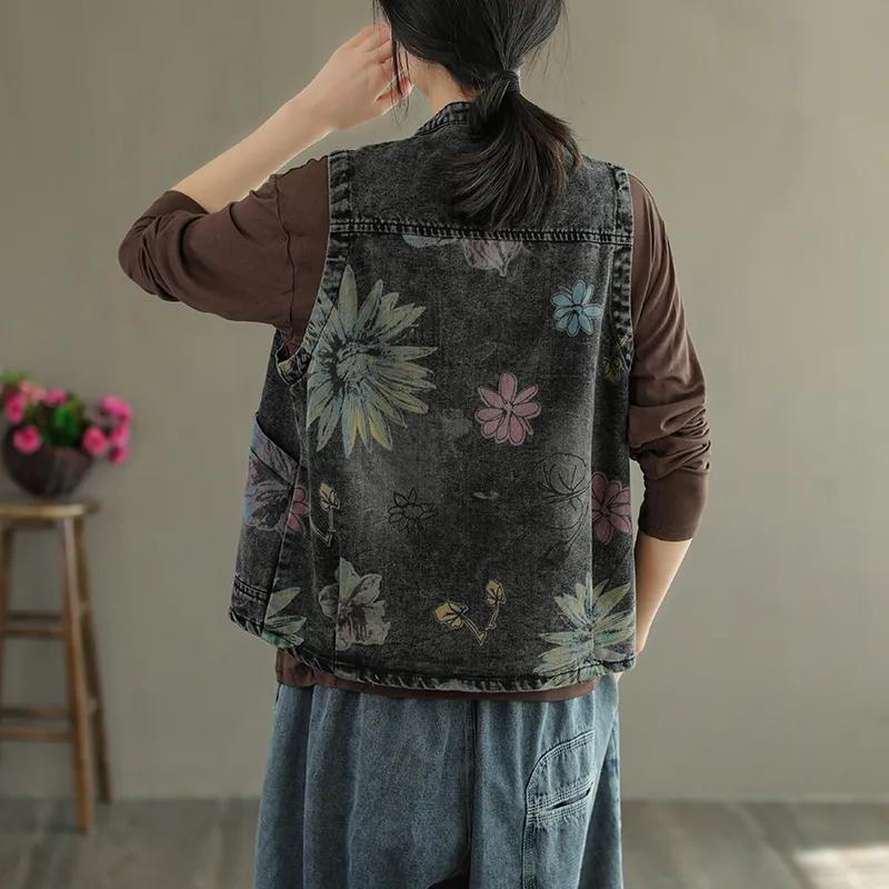 Gilet di Jeans Corto Stampato da Donna Primaverile ed Estivo Giacca Sottile Senza Maniche Larga