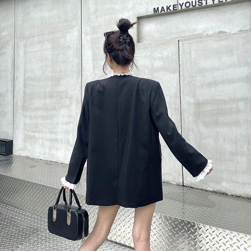 Women S Black Lace Trim Blazer Small Fragrance Style Spring Autumn