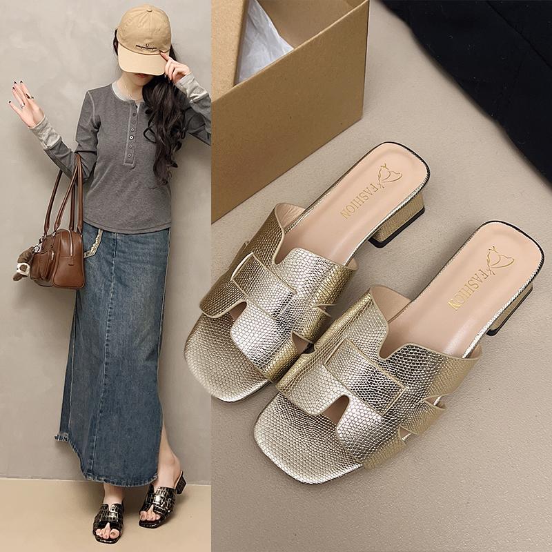 Fashion 2025Women Sandals Square Heels Elegant Summer Slippers Outdoor Square Head Leather Female Slides