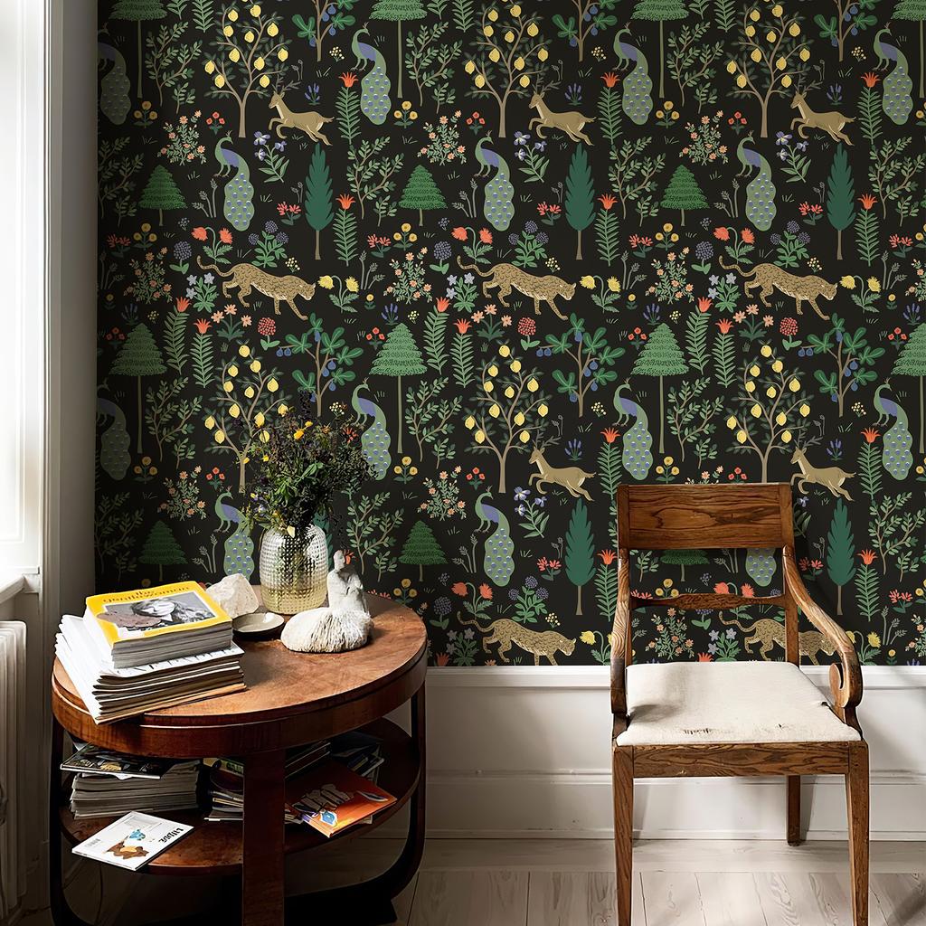 Papier Peint Rétro Floral Animal Noir Style Forêt Léopard Fleur Peler et Coller Décor de Pièce Vintage Foncé Shic PVC Autocollant pour Meuble