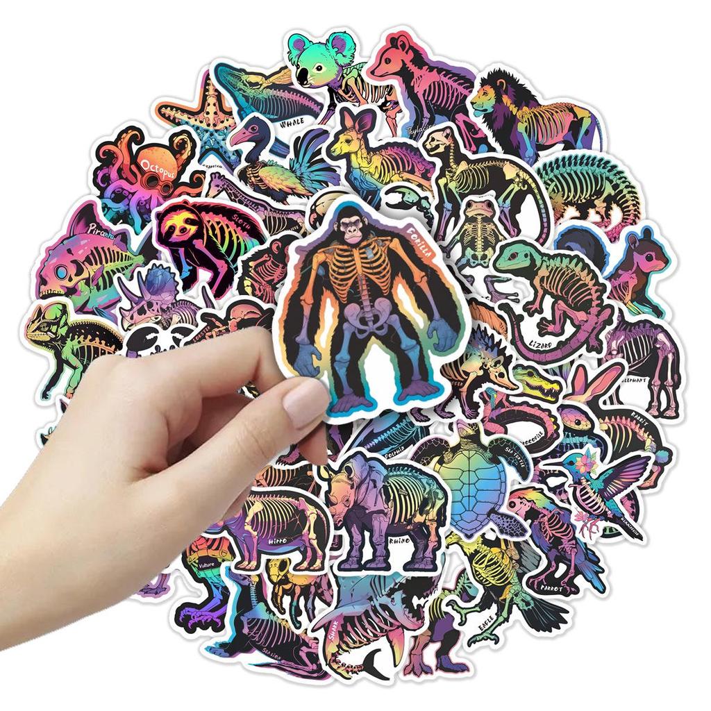 50PCS Cartoon Animal & Rainbow Skeleton Stickers for Laptops, Journals, and Water Bottles