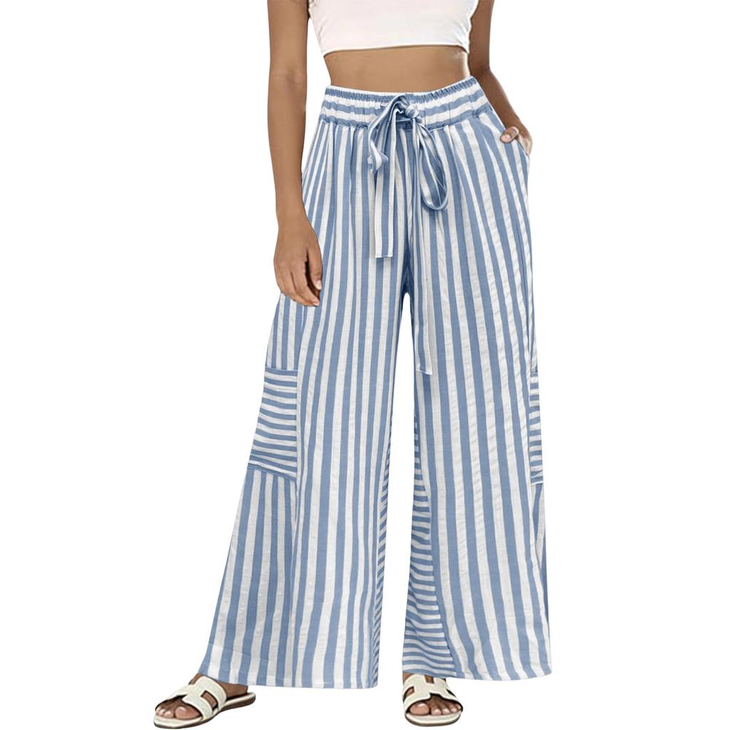 Women's Striped Loose Casual Comfortable High Waist Wide Leg Straight Drawstring Pocket Casual Pants