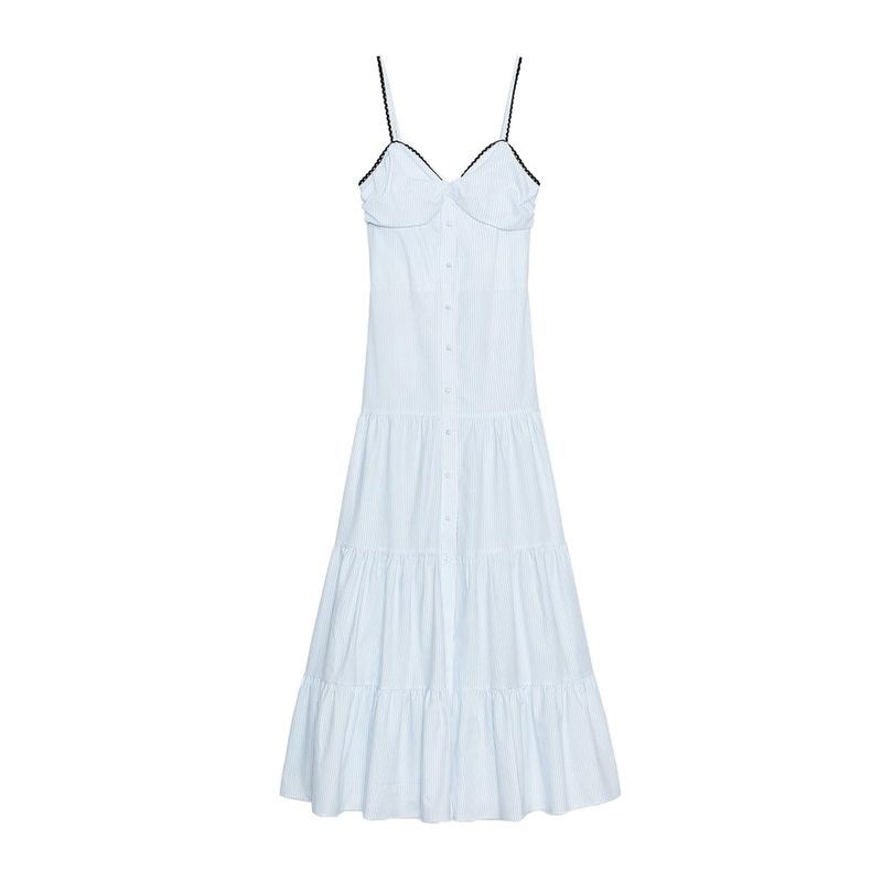 

Летняя новинка женской одежды Французский стиль Плиссировка и контрастная цветная кружевная отделка Полосатое миди-платье 2587070 Blue L