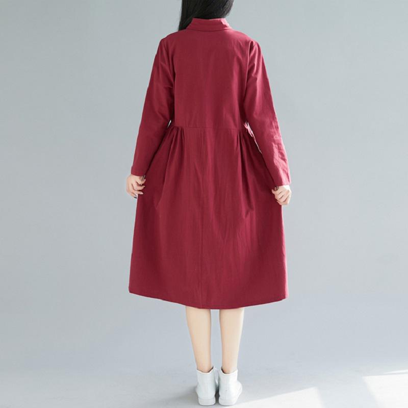 Mori Girl Autumn Spring Women Midi Shirt Dress Pink Wine Red Loose Cardigan Cotton Linen Retro Dress