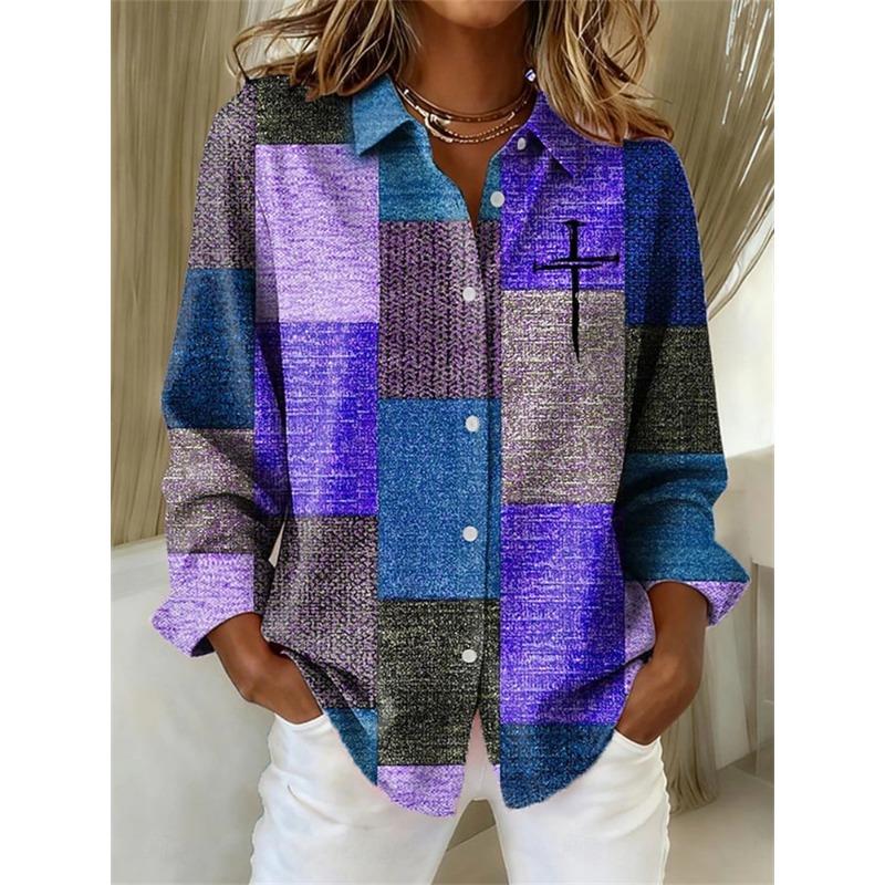 Fashionable Women's Oversized Long-Sleeve Shirt Comfortable And Breathable Collar Design 3D Patchwork Color-Printed Trendy Shirt